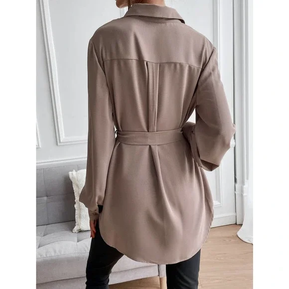 long sleeve Button down Belted tunic length Shirt black - Picture 3 of 11